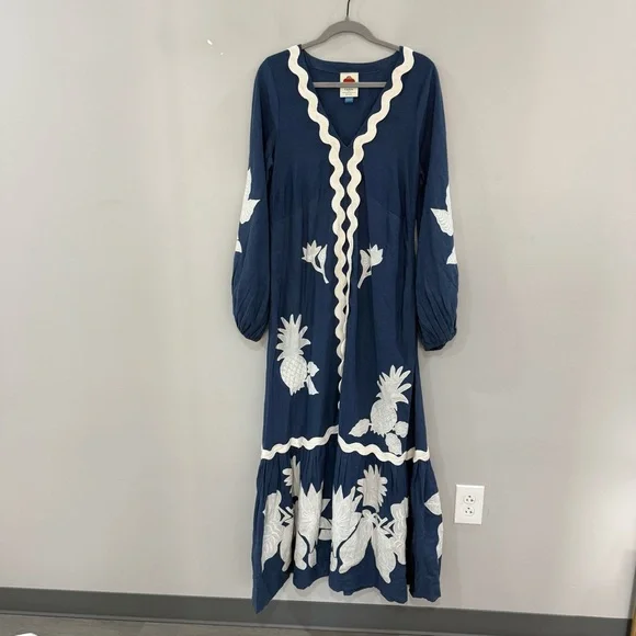 Farm Rio Dress Embroidered Flounce Maxi in Blue - Picture 5 of 8